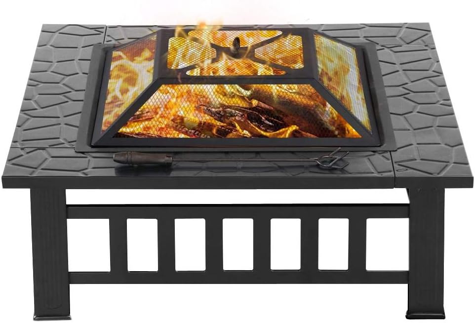 Yaheetech Multifunctional Fire Pit Table 32in Square Metal Firepit Stove Backyard Patio Garden Fireplace for Camping, Outdoor Heating, Bonfire and Picnic : Garden & Outdoor