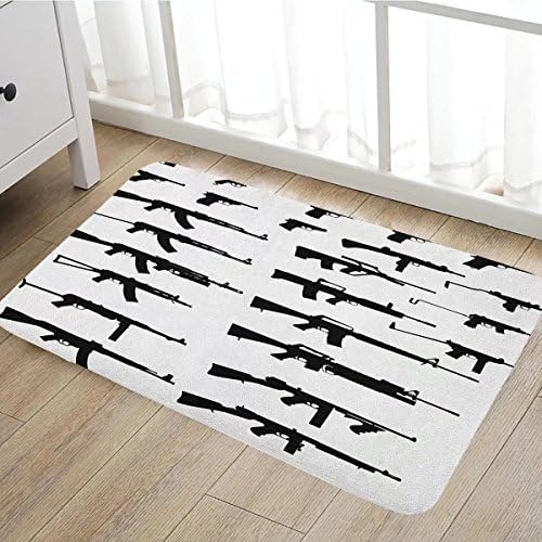 Military door mats for inside Silhouette of Various Size Guns Weapons Pistols Revolvers War Army Power Concept Bath Mat for tub Bathroom Mat 16"x24" Black White
