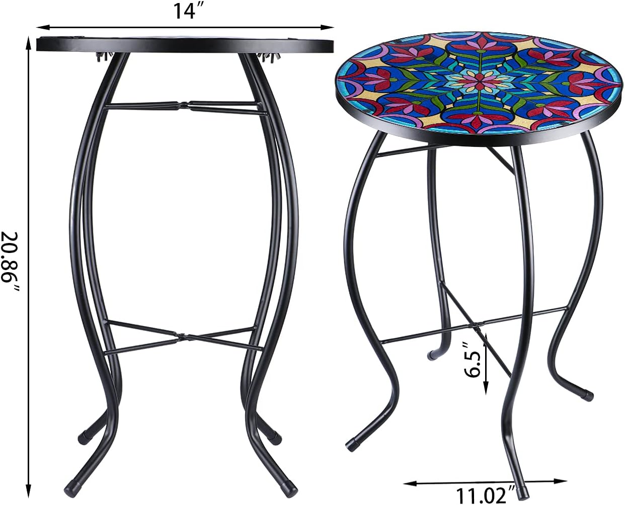 Outdoor Side Table Mosaic End Table Patio Side Table Small End Table Glass Top Round Balcony Coffee Table Porch Indoor Glass Top : Garden & Outdoor