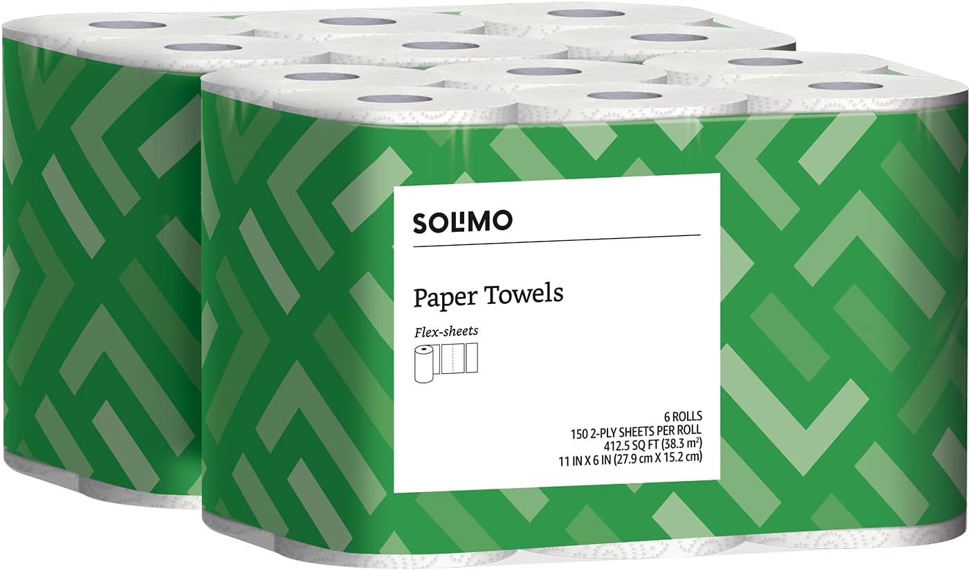  Brand - Solimo Basic Flex-Sheets Paper Towels, 12 Value Rolls, White, 150 Sheets per Roll (New Version): Health & Personal Care
