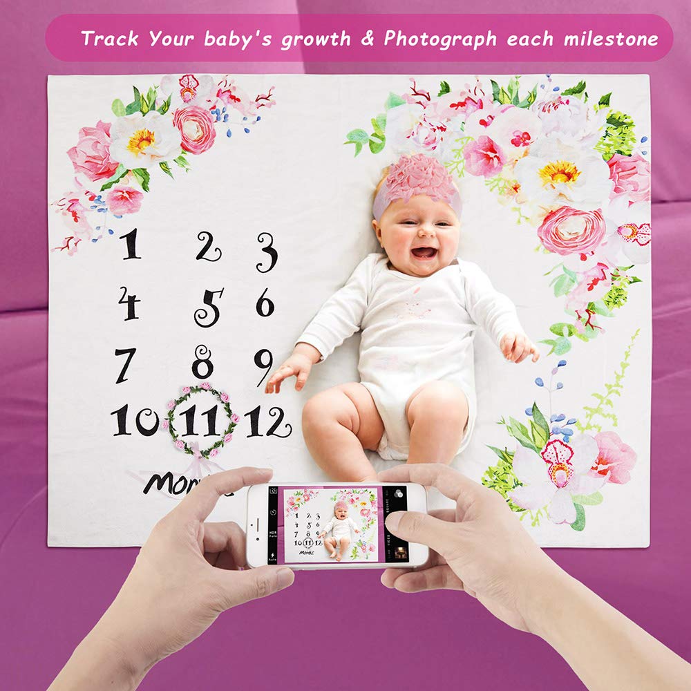Baby Monthly Milestone Blanket, Premium Flannel Fleece, Includes Floral Wreath & Headband, Newborn Photography Prop, Baby Shower Gift
