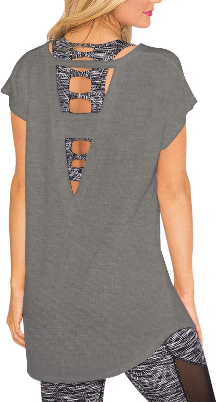 Women's Loose Tops Large V Back Cut Out Blouses Open Strap Workout Casual Shirt