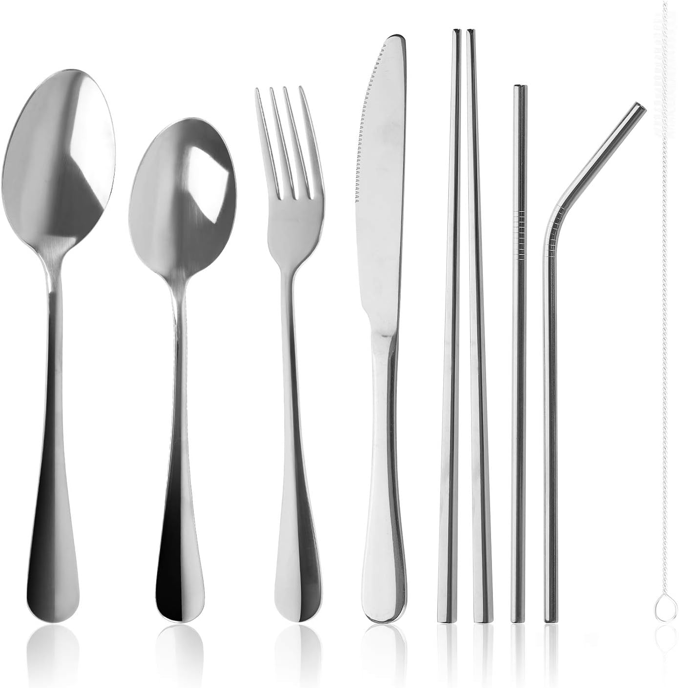 Reusable Utensils with Case，Portable Utensils including Knife Fork Spoon Chopsticks Cleaning Brush Straws Portable Case，Stainless Steel Flatware set(Silver-Set of 8)