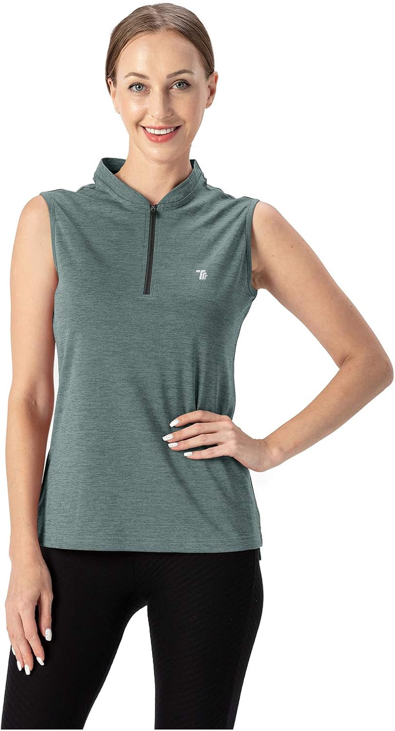 YSENTO Women's Dry Fit Tennis Golf Shirts Zip Up Sleeveless UPF 50+ Yoga Gym Workout Tops Shirts: Clothing