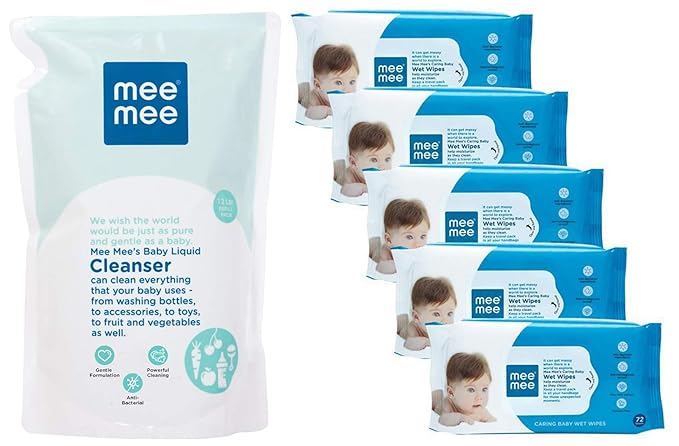 Mee Mee Anti-Bacterial Baby Liquid Cleanser (1.2L) & Caring Baby Wet Wipes, Aloe Vera, 72 Pieces (Pack of 5) Combo