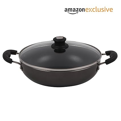Lifelong Non-Stick 2 litre Kadhai with Glass Lid, 24 cm, Black/Grey (Induction and Gas Compatible)