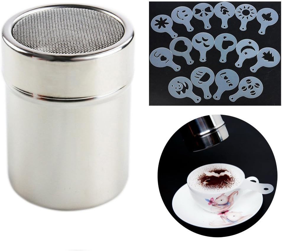 WasonD Stainless Steel Coffee Shaker, Sifter, Duster Spray + 16pcs Cappuccino Latte Art Coffee Stencils Template