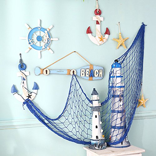 Decorative Fish Net Blue Yagote Mediterranean Style Nautical Decorative Fishing Net with Shells for Home Party Room Decoration 1.5 X 2meter Blue