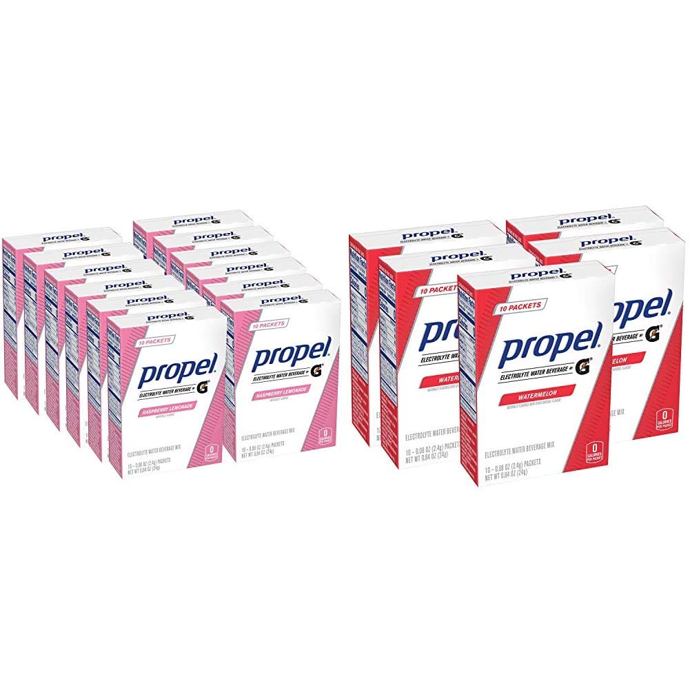 Propel Powder Packets Raspberry lemonade With Electrolytes, Vitamins and No Sugar (120 Count) & Powder Packets Watermelon with Electrolytes Vitamins and No Sugar, 50 Count
