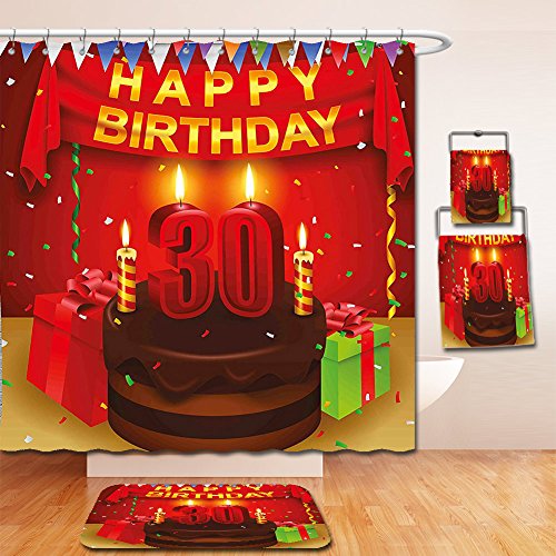 Click Here to See More Images Nalahome Bath Suit: Showercurtain Bathrug Bathtowel Handtowel 30th Birthday Decorations Celebration with Chocolate Cream Cake Colorful Flags and Gifts Multicolor