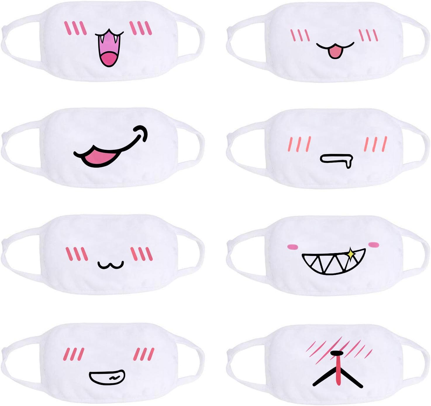 Coolha Mouth Mask Cover 8Pack Kawaii Cute Anti dust White Anime Cartoon Print Emoji Japanese Outdoors Mouth Mask Cover for Man and Woman