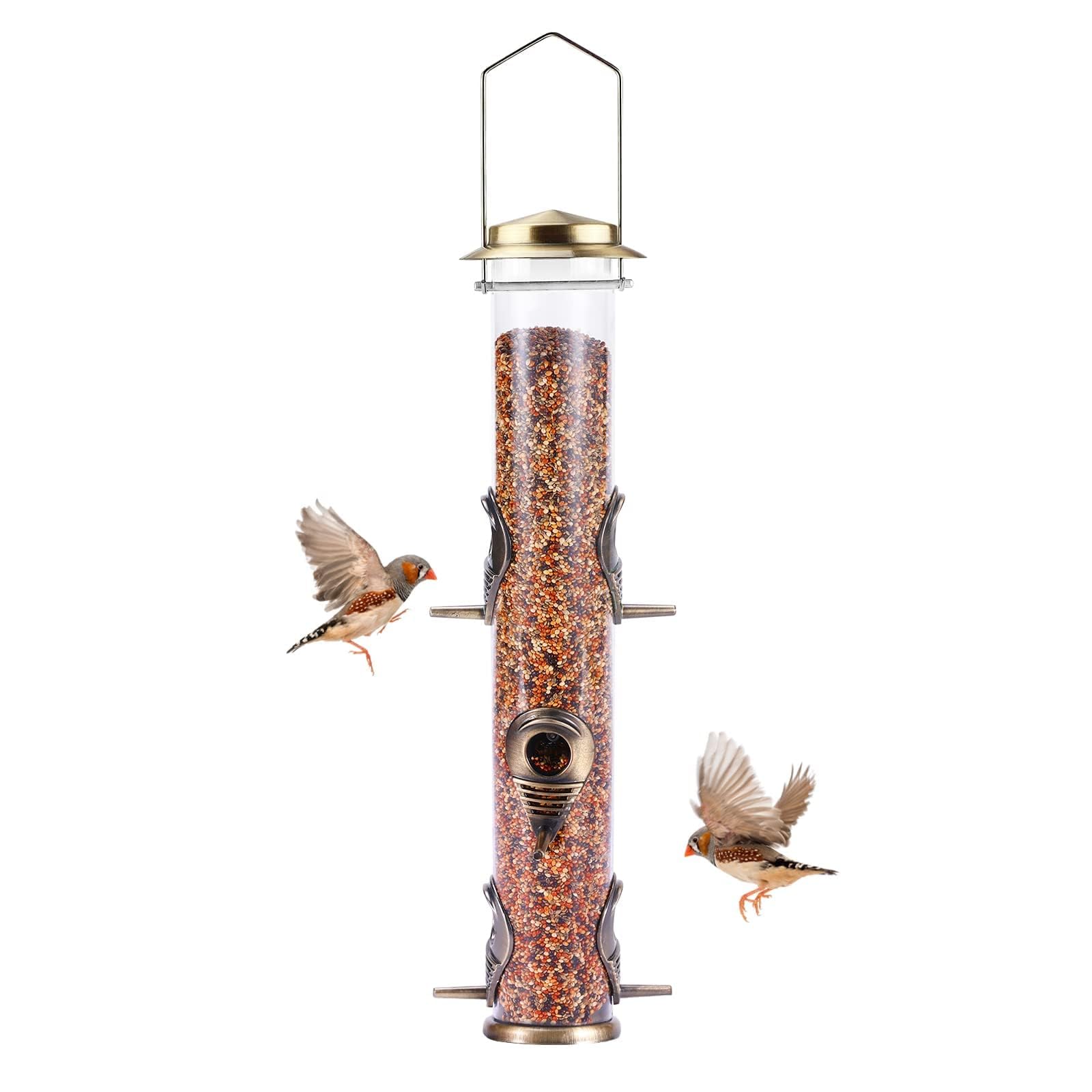 MIXXIDEA Metal Tube Bird Feeders for Outdoors Hanging Bird Feeders for Outside Wild Birds Feeder 6 Ports Hanging Bird Feeder Attract Birds in Your Lawn, Garden, Balcony (Bronze)