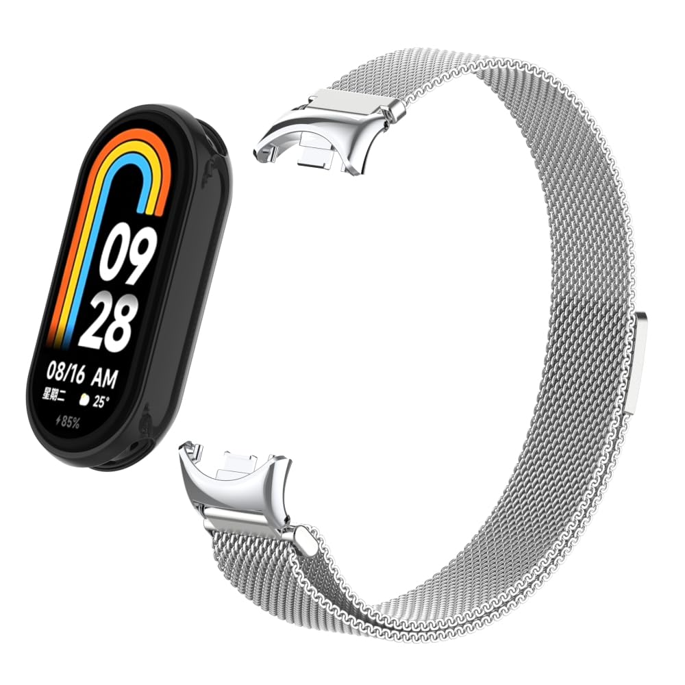 HchenH Bracelet Compatible with Xiaomi Mi Band 8, Stainless Steel Metal Adjustable Replacement Strap, Soft Breathable, Magnetic Mesh Woven Watch Straps for Xiaomi Mi Band 8, Silver