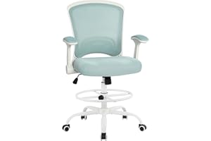 HYLONE Drafting Chair Tall Office Chair for Standing Desk, Mesh Drafting Stool with Adjustable Foot Ring and Flip-up arms, Blue