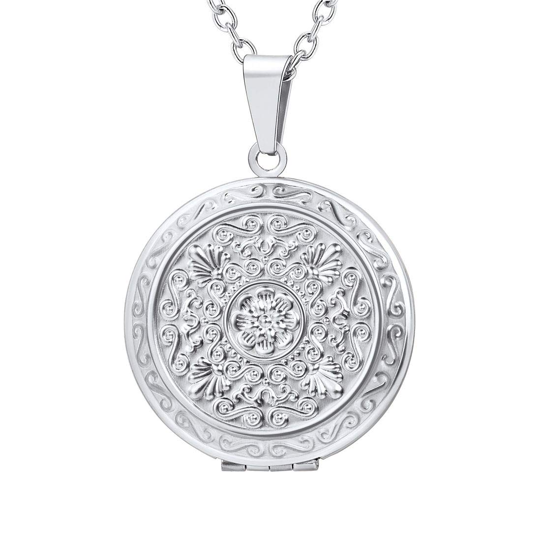 U7 Flower Locket Necklace for Women Lady Platinum Silver Rolo Chain Round Shaped Photo Pendant Necklaces — image 1