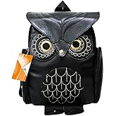 GinTai Women Pu Leather Owl Cartoon Backpacks Fashion Casual Satchel mini Small black Backpack, Black