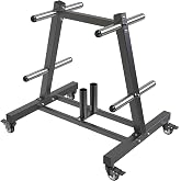 SELEWARE 2" Olympic Weight Plate Tree Rack and Barbell Holders for Home Gym | Heavy-Duty Steel Bumper Plate Storage Rack with Locking Wheels, 8 Weight Pegs &amp; 2 Barbell Holders for 2" Weight Plates &amp; Bars