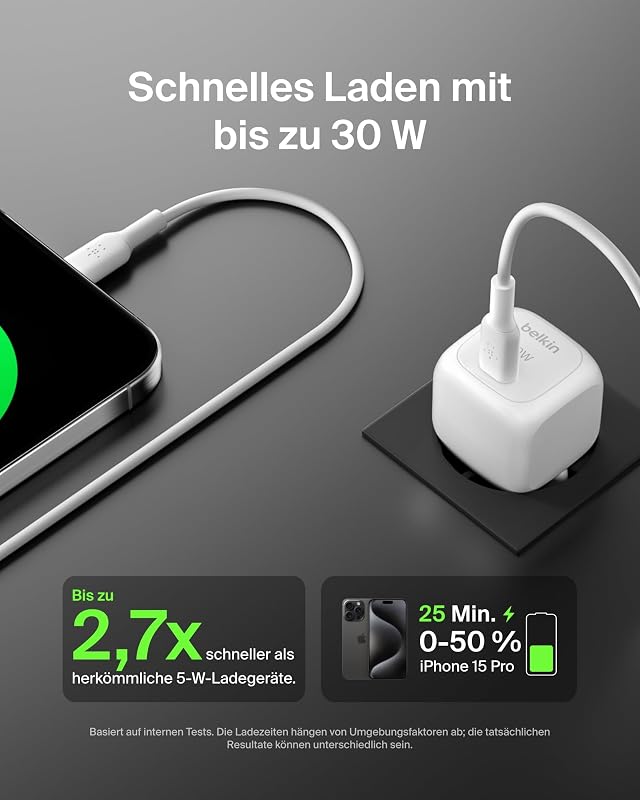BoostCharge kompaktes Ladegerät, 30 W, für Reisen, USB-C Power Delivery zum Schnellladen für die Apple iPhone Serie 16. 15, 14, 13, 12, Samsung Galaxy S24, S23, iPad, AirPods, Tablets – Weiß