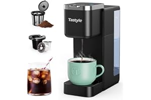 Tastyle Single Serve Coffee Maker, Iced and Hot Coffee Machine for K Cup & Grounds, Compact Design, 40oz Removable Water Reservoir, 6 to 24 Oz Brew Sizes, Fits 7.3" Travel Mug, Black