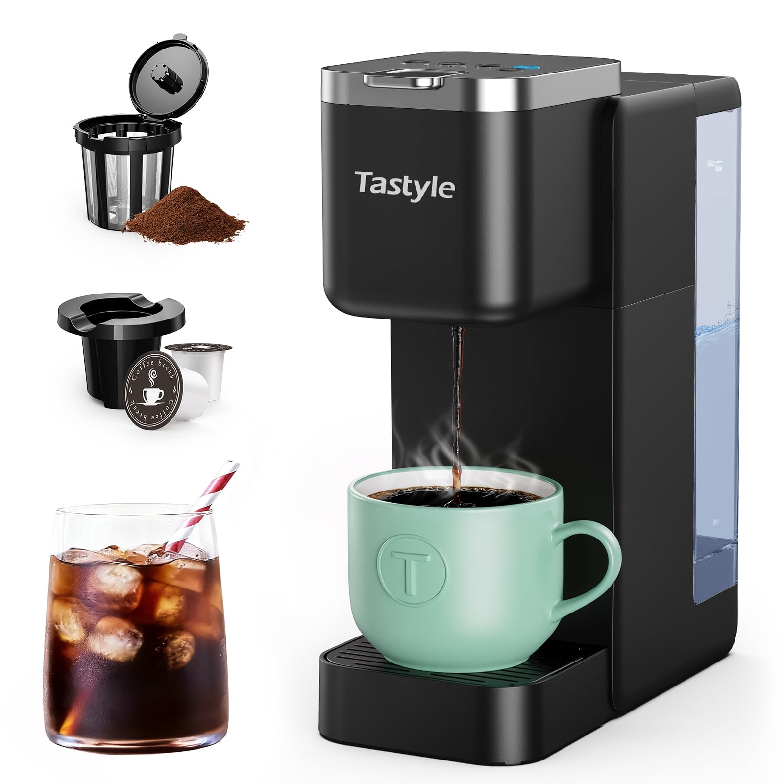 Photo 1 of **FACTORY SEALED** Tastyle Single Serve Coffee Maker, Iced and Hot Coffee Machine for K Cup & Grounds, Compact Design, 40oz Removable Water Reservoir, 6 to 24 Oz Brew Sizes, Fits 7.3" Travel Mug, Black