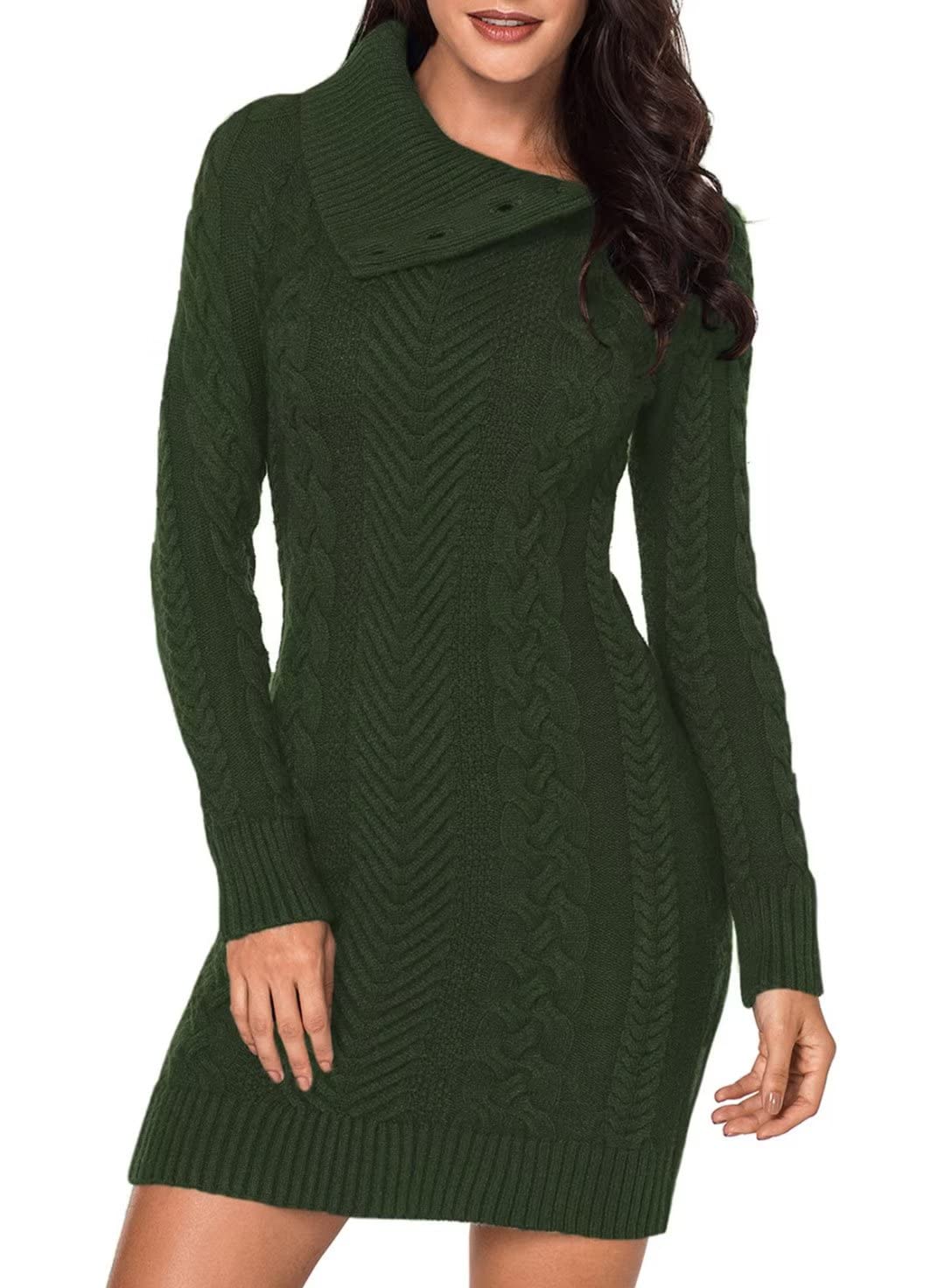 Photo 1 of BLENCOT Womens Winter Sweater Dress Asymmetric Collar Long Sleeve Cable Knit Chunky Sweater Jumper Green Small