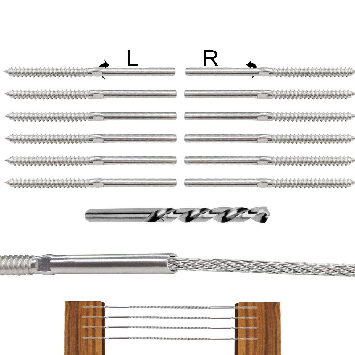 TooTaci 12 Pack Handed Thread Swage Lag Screws Left & Right for Wood Post of 1/8"Cable Railing Kit, Decking Railing Hardware T316 Marine Grade Stainless Steel…