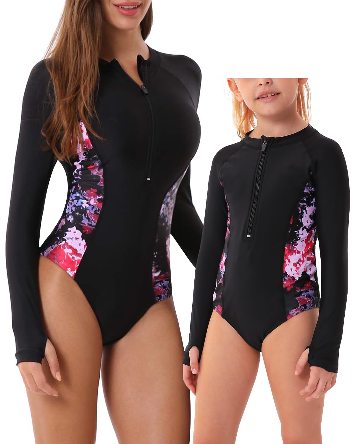 Photo 1 of Mother and Daughter Matching Rashguard Swimsuits: Long Sleeve One Piece Rash Guard UV UPF 50+ Sun Protection Printed Zipper Surfing Swimsuit Bathing Suit for Girls 9 11 Years