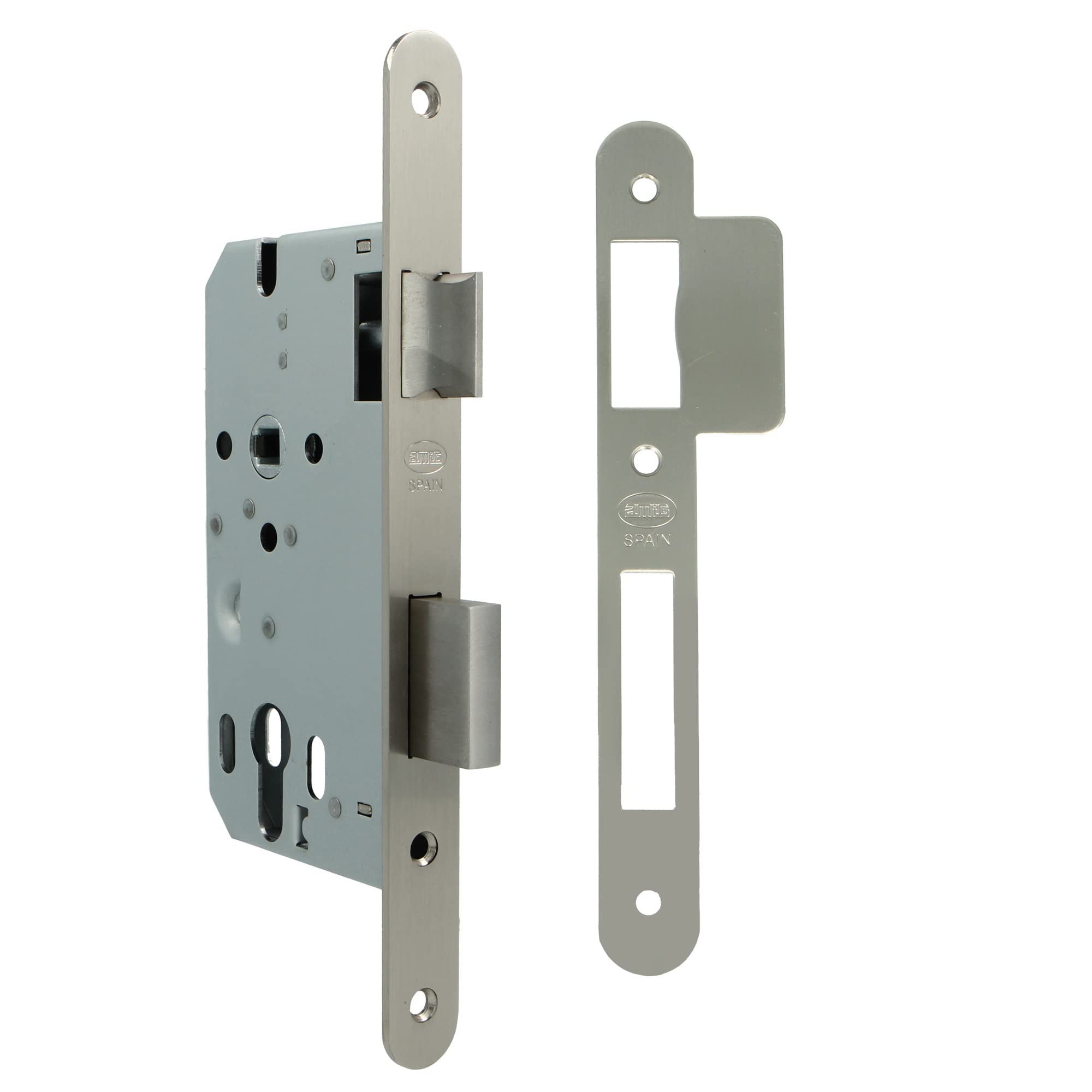Amig - Mortise Lock for Wooden Doors - with Locking Palette - Front and Bracket in Round Edge - 50mm Entry - Reversible Lever - Steel - Matte Silver - 230mm