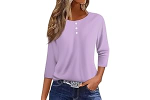 NUMALLER 3/4 Sleeve Tops for Women Fall Henley Crew Neck T Shirts Button Three Quarter Length Blouses Dressy Cute Shirts