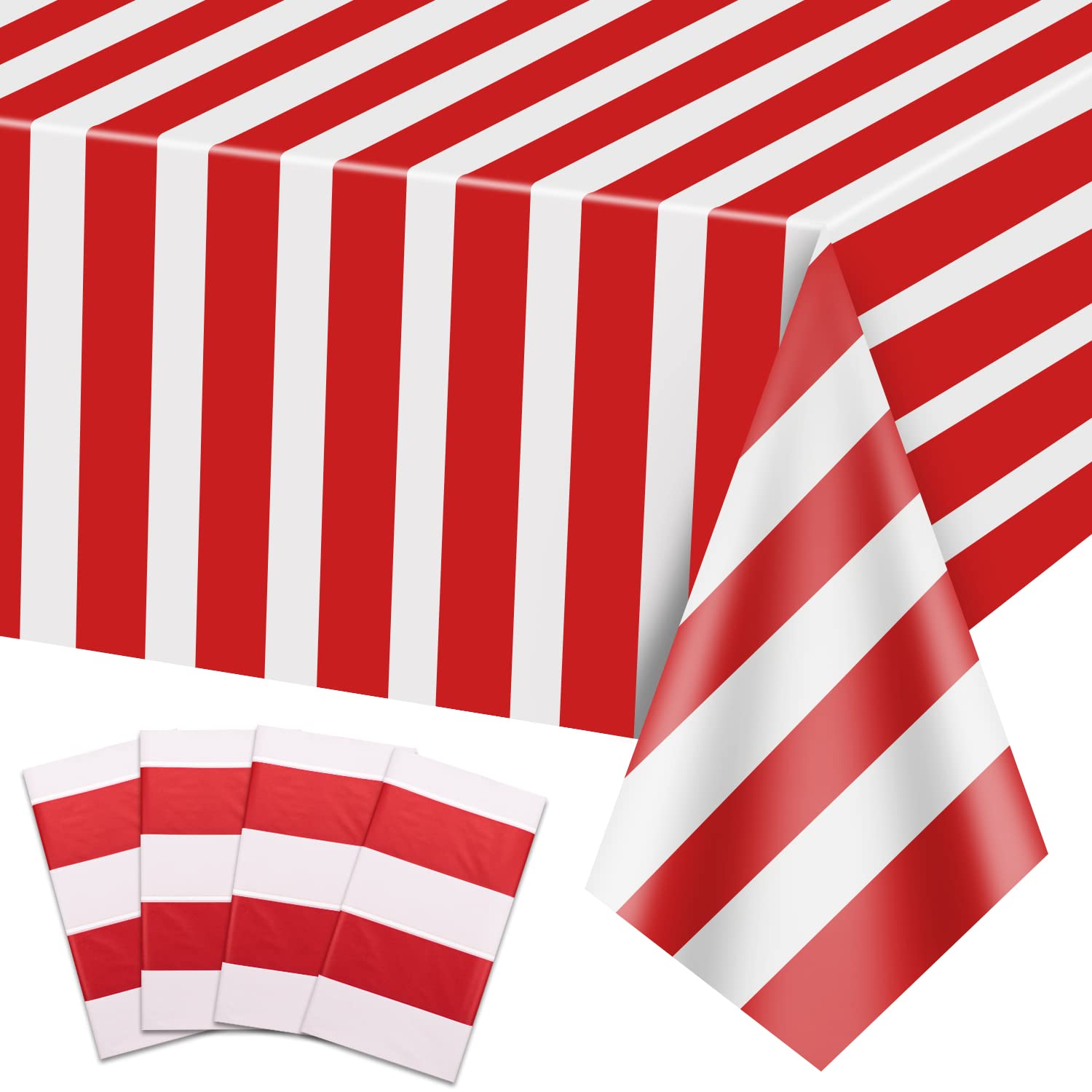 PIXHOTUL 4 Pieces Red and White Stripe Tablecloths, Carnival Theme Party Decorations, 137 x 274cm Plastic Table Cover, for Circus Party, Movie Night, Kid's Birthday, Christmas — image 1