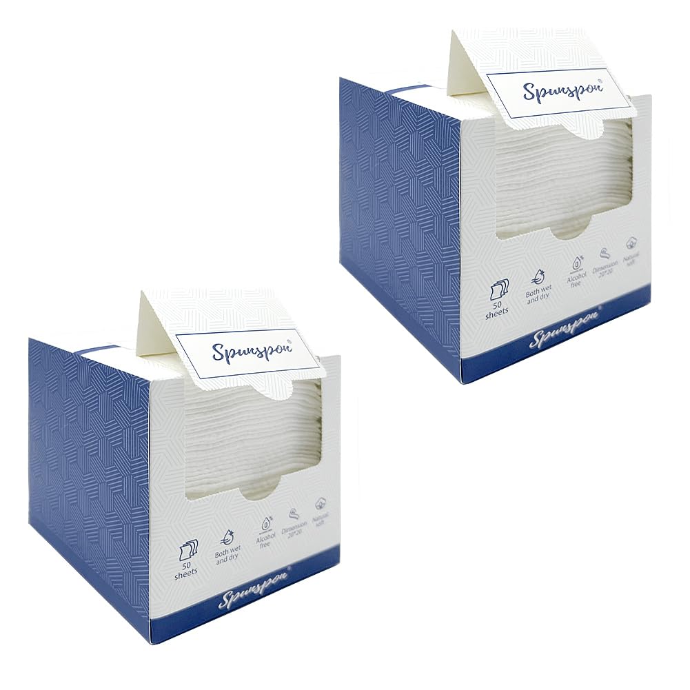 Spunspon Disposable Face Towel, Lint-Free Biodegradable Clean Towels, Makeup Removing Wipes, Super Soft & Thick for Sensitive Skin, 8-Inch X 8-Inch Extra Large Size, 100 Count/2 - Pack