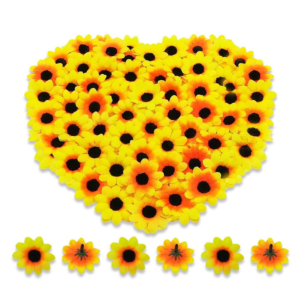 Artificial Daisy Flower Heads 100pcs Fake Gerbera Petals Yellow & Black for DIY Garland Craft Birthday Indoor Outdoor Party Easter Bonnet