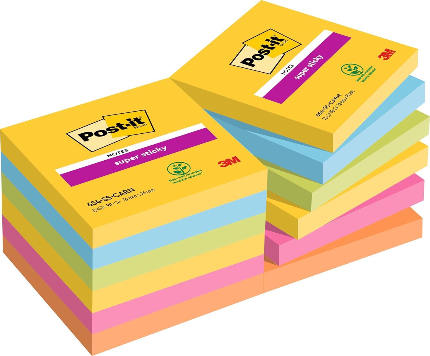 Post-it Super Sticky Notes, 1080 Sheets, Value Pack of 12 Pads, 76 mm x 76 mm - Holds Strong to Many Surfaces - Bright Colours - for Walls, Monitors and Fridge, Recycable