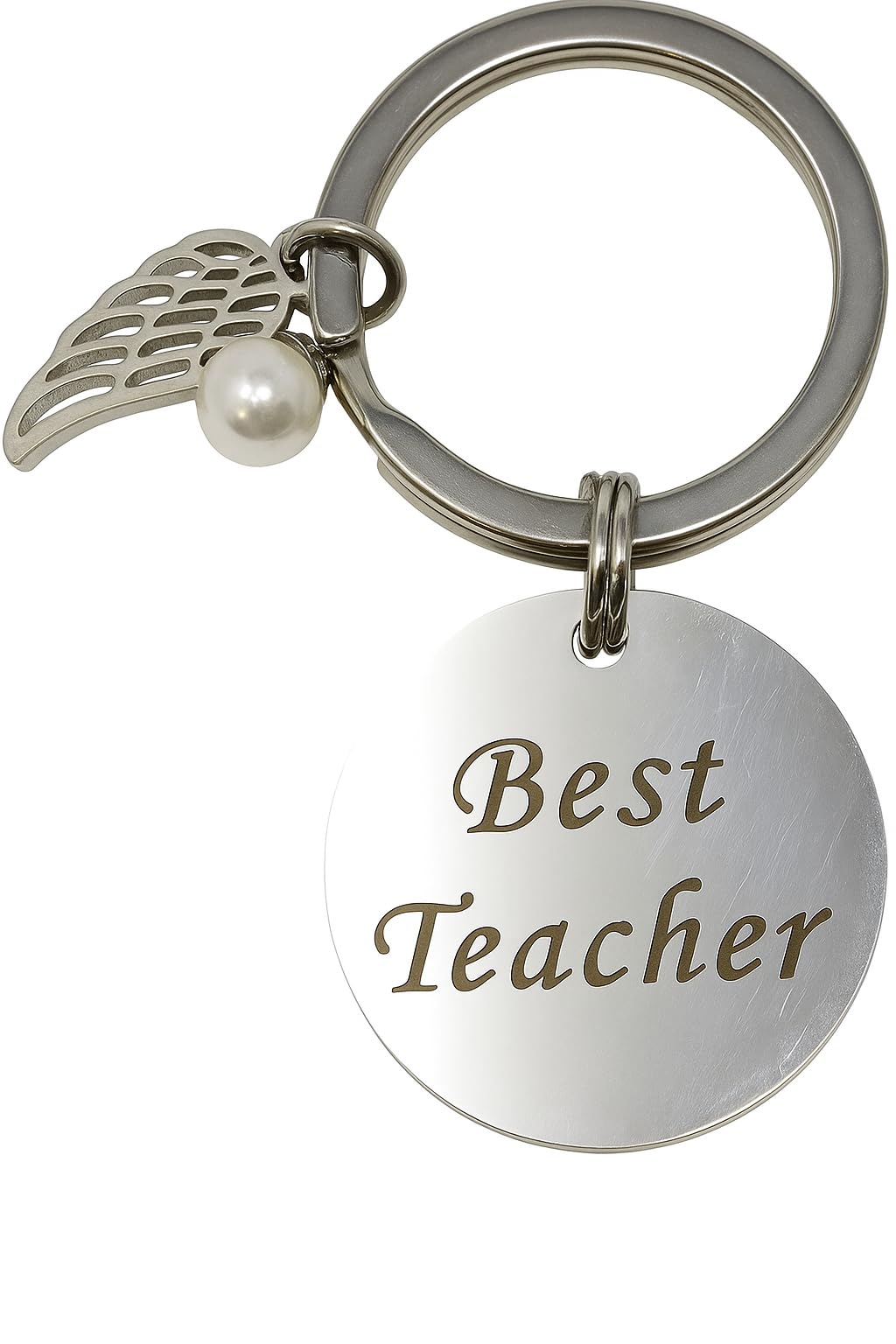 JRose Collections Best Teacher Keyring Gift – Silver Angel Wing Charm with Pearl & Engraved Pendant – Thoughtful Thank You Gift for Teachers – Gift Boxed