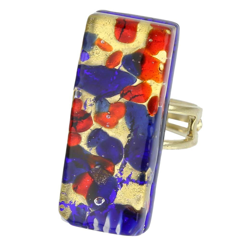 Glass Of Venice Murano Glass Venetian Reflections Rectangular Adjustable Ring - Blue Red
