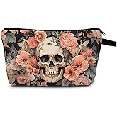 MoCaliduccious Floral Skull Cosmetic Bag Gothic Bloom Printed Design Makeup Organizer Edgy Travel Pouch for Music Festivals/Halloween Unique Dark Aesthetic Gift Idea