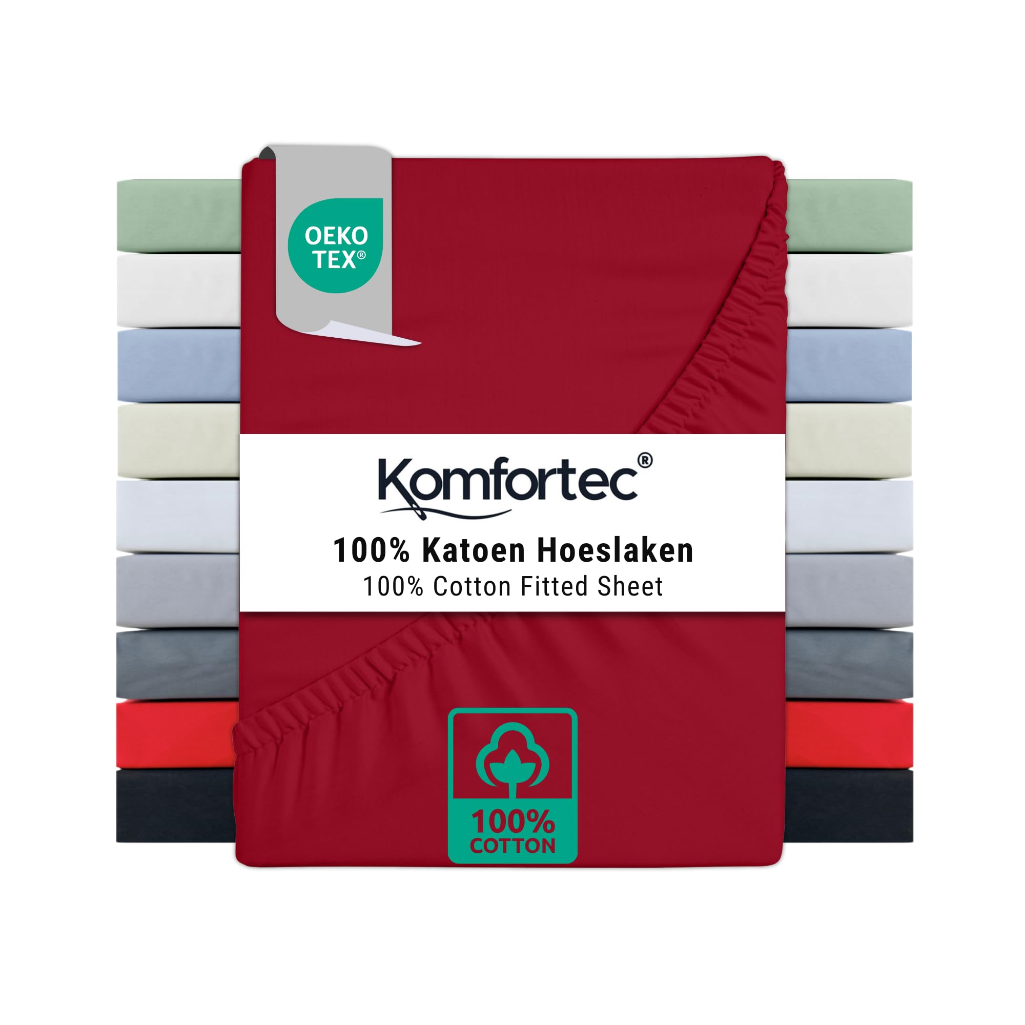 Komfortec Double Fitted Sheet 100% Cotton, 11 inch (30 cm) Deep Pocket - Red