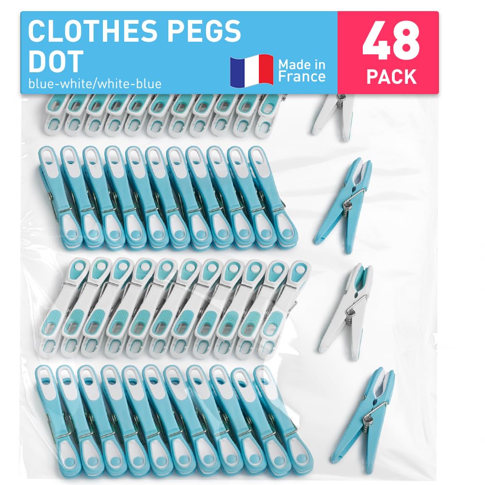 culiclean Clothes Pegs for Washing Line – Strong Soft Grip Washing Pegs Flower – Durable Plastic Laundry Pegs for Indoor, Outdoor Use – Heavy Duty Clothes Clips – 48 Pack – Eco blue-white
