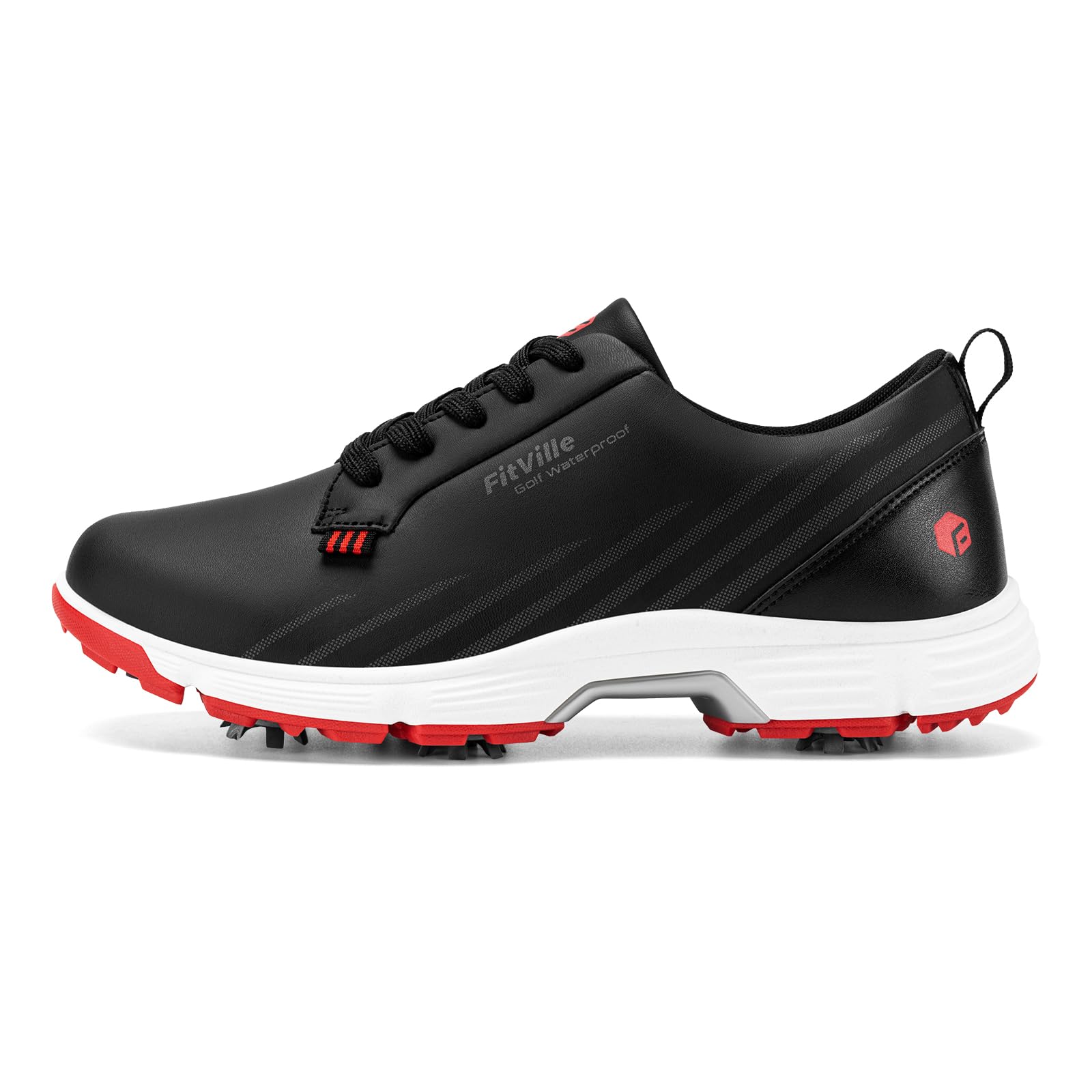 Photo 1 of FitVille Men's Wide Golf Shoes with Replaceable Spikes, Arch Support & High-Rebound Cushioning for Long-Distance Walking Red