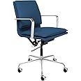 Laura Davidson Furniture Lexi II Padded Office Chair - Mid Back Desk Chair with Arm Rest, Swivel & Cushion Availability, Made of Faux Leather, Blue, Computer Chair