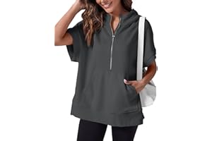 Fisoew Womens Oversized Half Zip Hoodies Short Sleeve Casual Sweatshirts Pullover Tops with Pockets