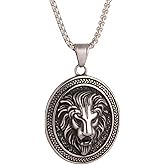 Men'S Gothic Punk Hip-Hop Rock Three-Dimensional Lion Head Shield Oval Pendant Necklace, 316L Stainless Steel, Silver Stainless Steel Square Pearl Chain, Vintage Amulet Jewelry