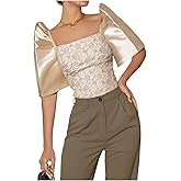 Floerns Women's Satin Puff Sleeve Blouses Tops Square Neck Jacquard Dressy Casual Shirts