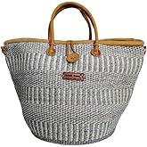 Ash Wisdom Handwoven Sisal Straw Basket Tote Bag, Lightweight Market Basket with Leather Handles and Button Closure, Large Straw Purse Suitable for Travel, Handmade Summer Tote Handbag for Women