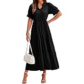 dowerme Women's Summer Dresses 2026 Casual Short Sleeve Button Loose Fit Pleated Boho Flowy Swing Long Beach Sun Dress