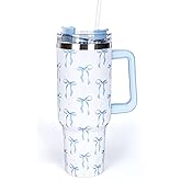 Whaline 40 Oz Blue Bow Tumbler with Handle Straw and Lid Bow-Knot Travel Coffee Tumbler Cup for Women Friend Holiday Birthday