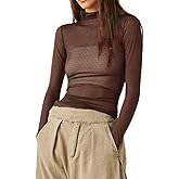 Sheer Mesh Long Sleeve Layering Top for Women Mock Neck Floral Lace Tshirt See Through Tee Shirt Blouse