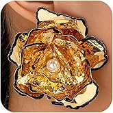 Unique Large Statement Gold Flower Stud Earrings for Women Trendy, Charm Big Floral Pearl Earring Oversized Cocktail Party Prom Jewelry Accessories