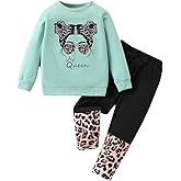 KIDLAGA Toddler Girl Clothes Figure Graphic Drop Shoulder Top Pullover Leopard Print Pants Fall Winter Outfit Set