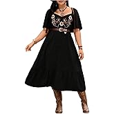 BEAUDRM Women's Plus Size Western Cowgirl Dresses Flowy Boho Maxi Dress Floral Embroidered Ruffle Short Sleeve Country Outfit